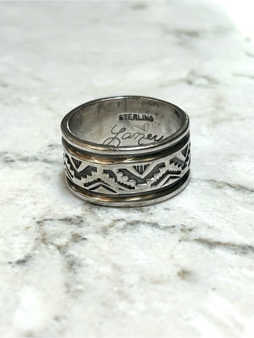 Navajo Troy Laner Sterling Silver Vintage Stamped Band Ring, size 9.75, signed